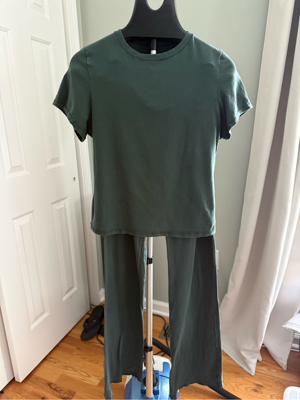 SKIMS Cotton Jersey Lounge Set Forest Green Wide Leg Pants & Tee XL